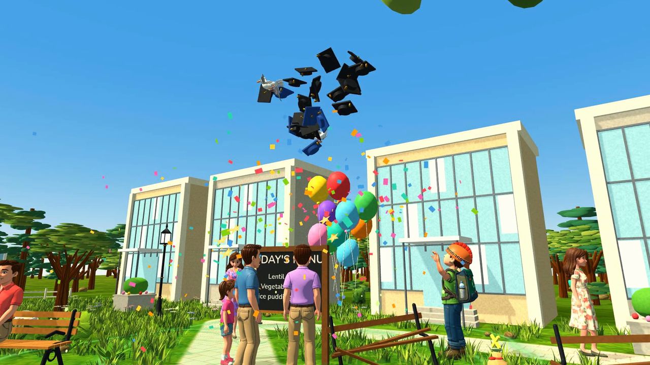 Graduation caps fly over the clean campus