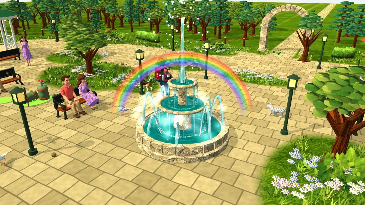 A rainbow over the fountain in the park