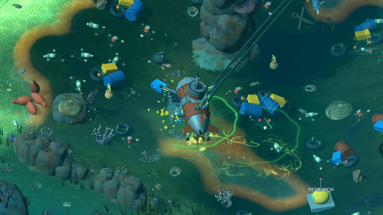 The cleanup submarine collecting litter under water