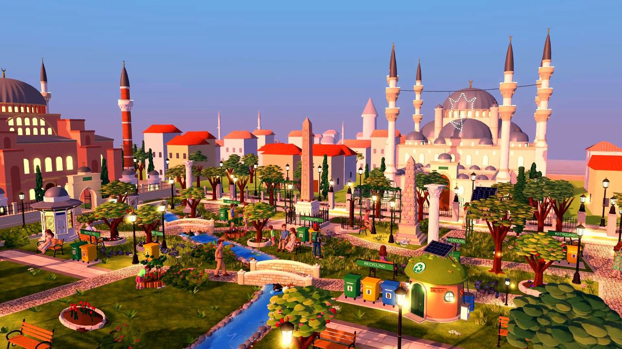 The park between Hagia Sophia and the Blue Mosque at sunset, clean and green